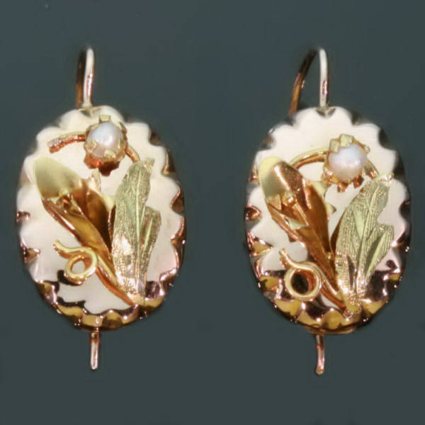 Antique flowers gold drop earrings pearls 18kt gold
